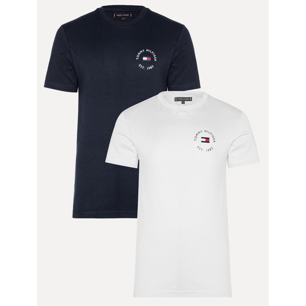 Kit Tommy Hilfiger Original | Camiseta Masculina Roundle Logo Chest Azul Marinho/Branco