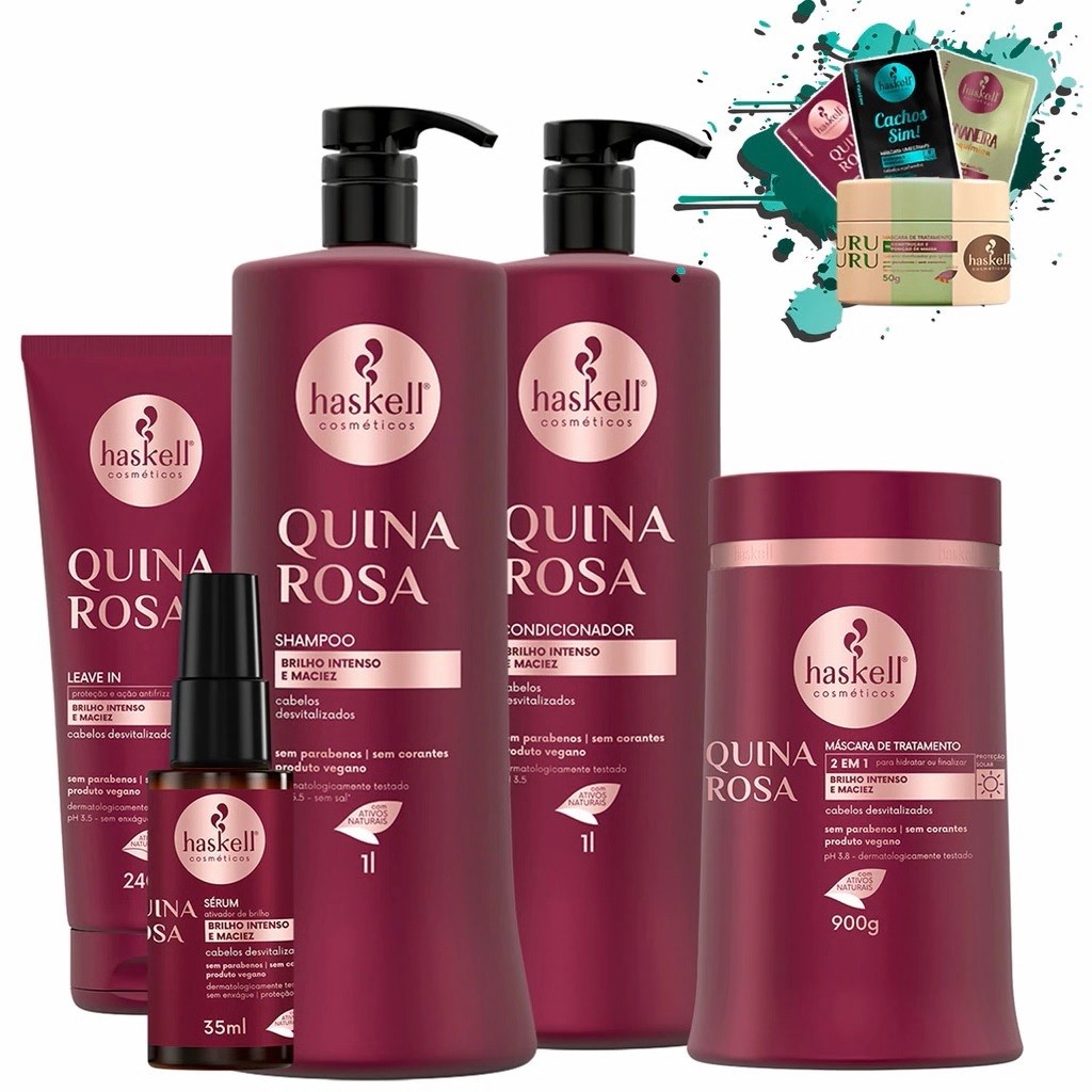 Shampoo Condicionador 1L Máscara 900gr + Leave in 240gr + Serum 35ml Quina Rosa Haskell