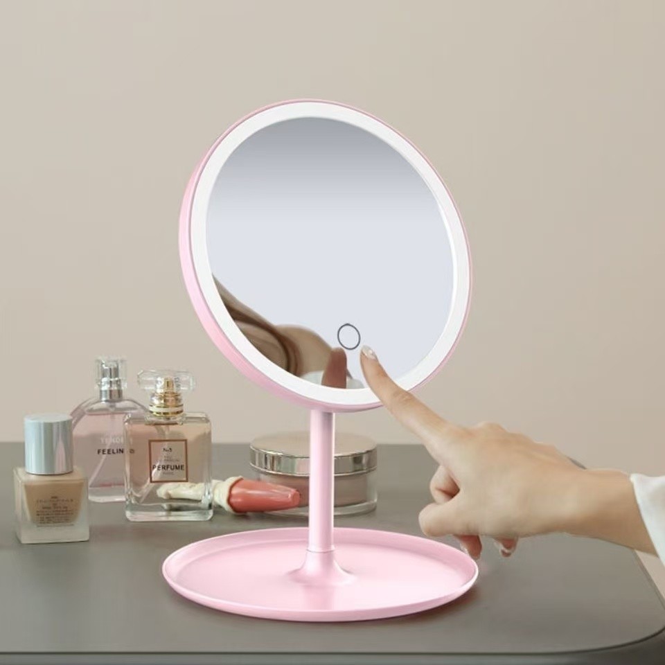Espelho de Maquiagem LED com Luz 3 Tons Recarregável USB Touch Mesa com Bandeja