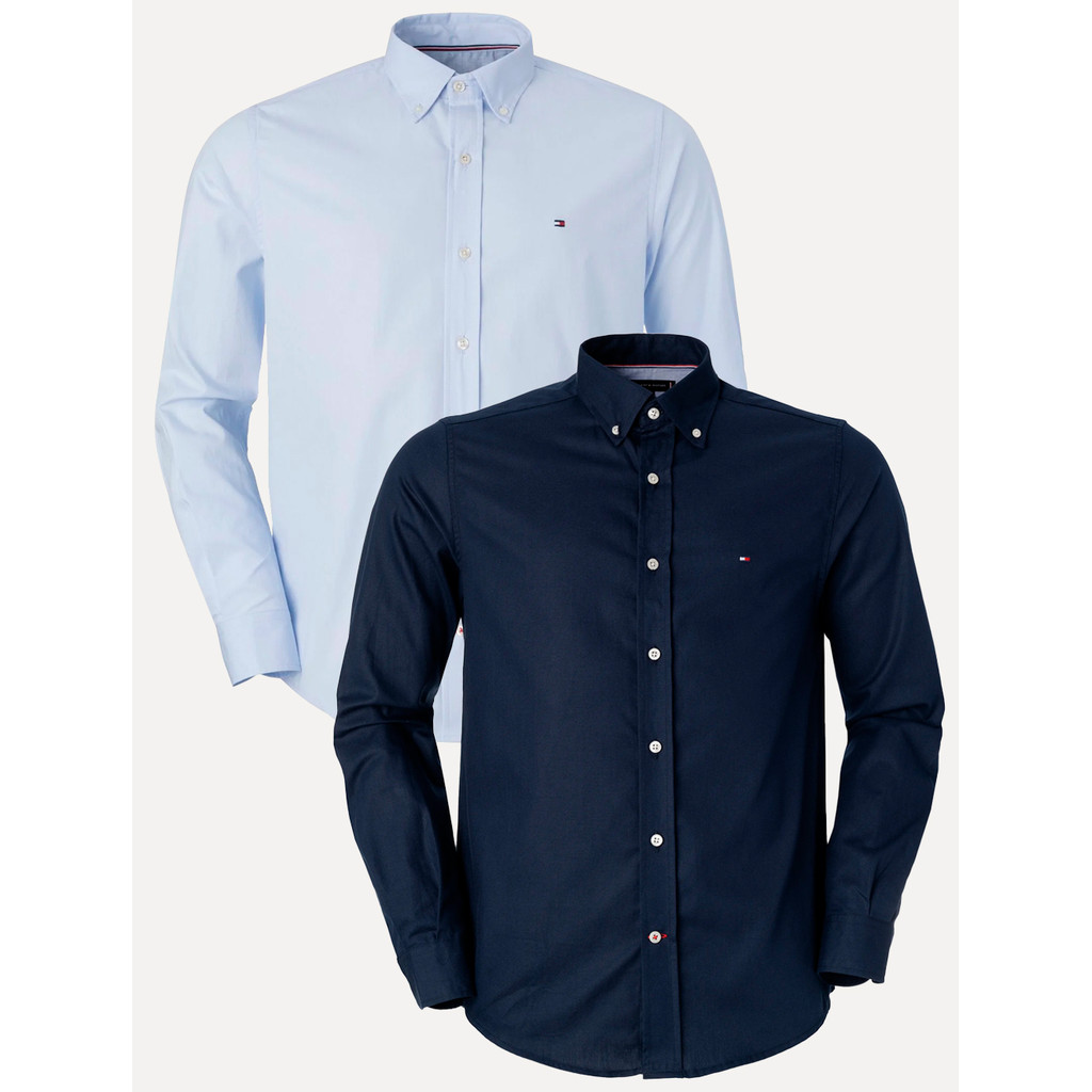 Kit Camisas Masculinas Tommy Hilfiger Original | Regular Core Flex Poplin Azul Marinho/Azul Claro 2 UN