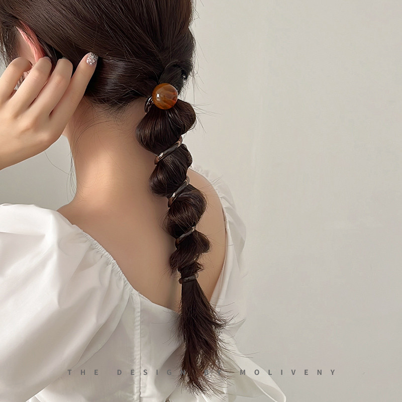 Elegante redondo grânulo reto linha telefônica anel de cabelo cocar rabo de cavalo bolha trançado cabeça de cabelo corda