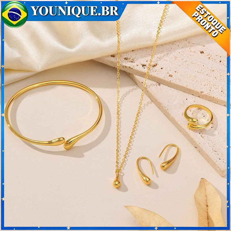 Conjunto de 4 peças em ouro com pingentes em formato de gota composto por colar pulseira anel e brincos Joias femininas
