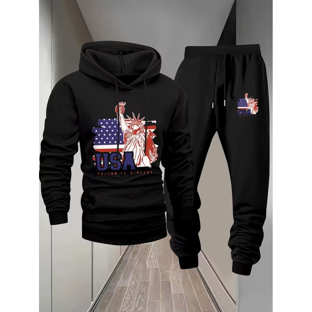 Conjunto Moletom Masculino USA Estátua Blusa De Frio Canguru Bolso e Capuz+Calça Moletom Estampado Outono/Inverno