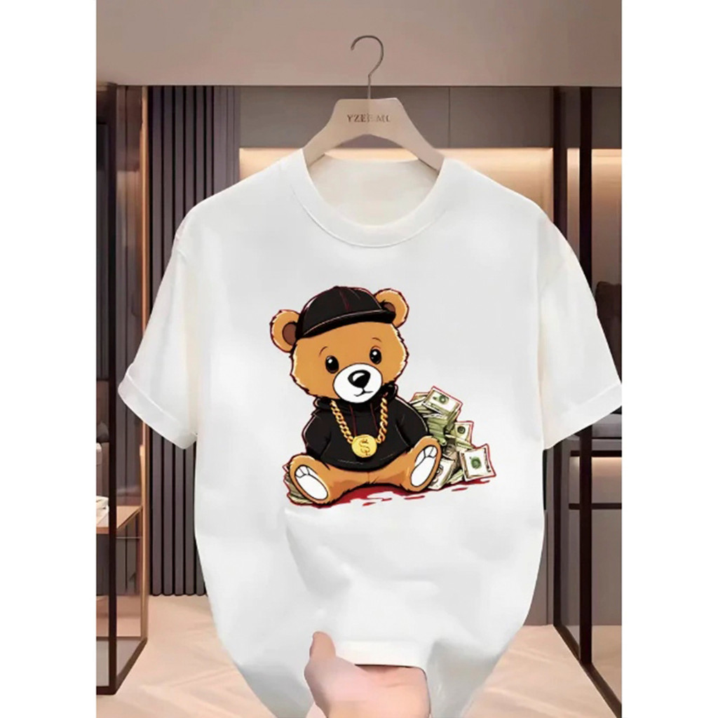 Camiseta Infantil Estampada Urso com Dolar Divertida Menino Menina 100% Algodão Confortável Dia a Dia Estilosa Escolar