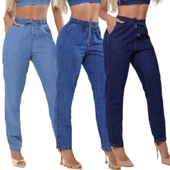 Calça Mom Jeans Feminina Cintura Alta Casual Capri Leve