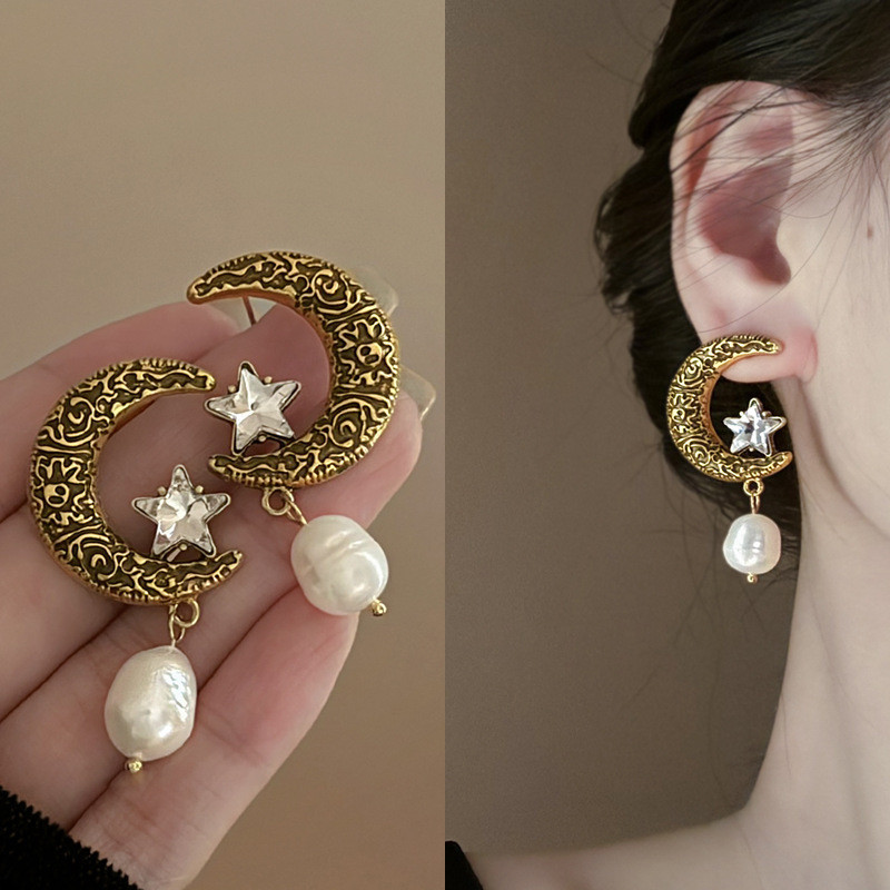 Agulha de prata diamante lua estrela pérola pingente brincos Retro tribunal estilo brincos luz luxo High-End brincos