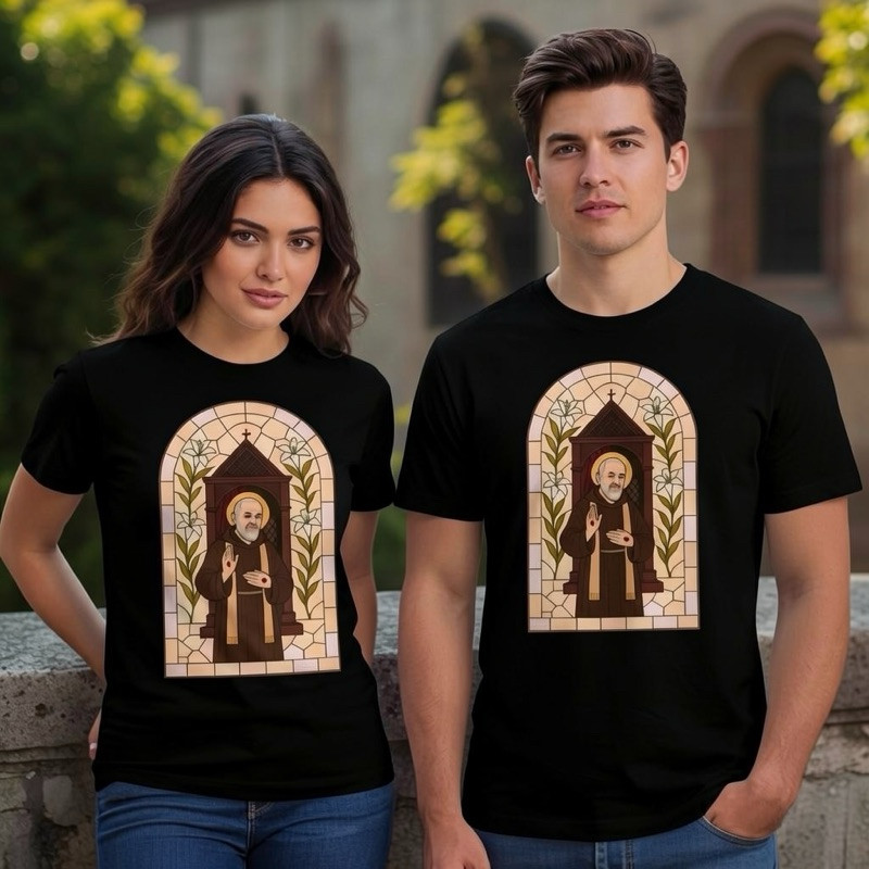 Camiseta Blusa Católica São Padre Pio Vitral Santos 100% algodão confortável moda Católica