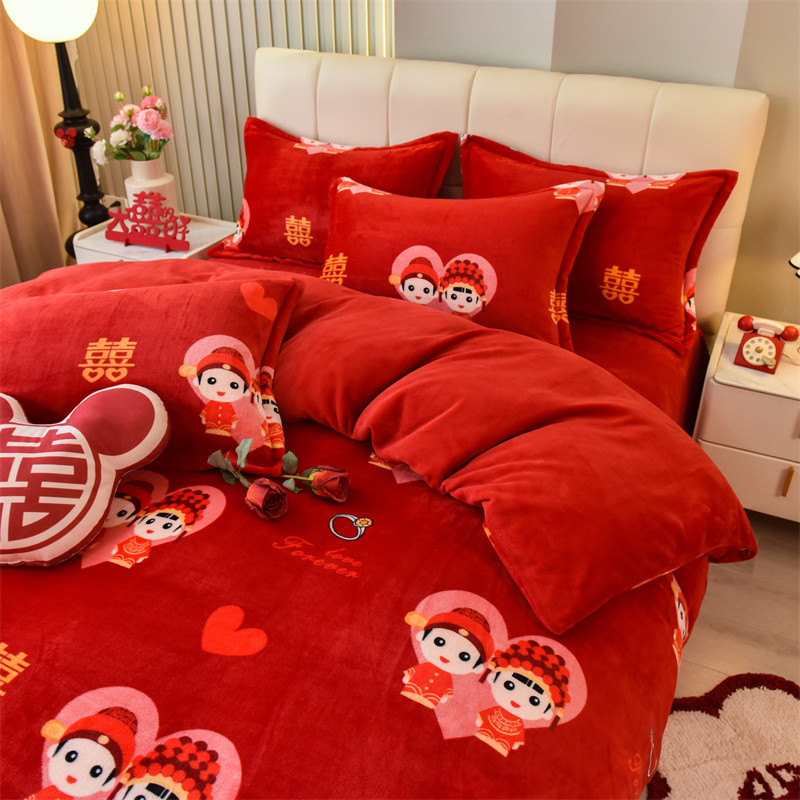 Grosso casamento leite veludo conjunto de quatro peças casamento flanela Coral veludo conjunto cama grande vermelho colc