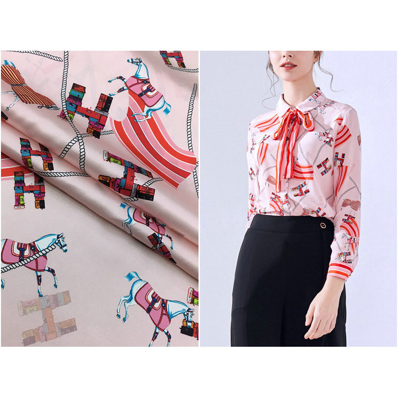 Tecido largo de cetim de seda Real grande marca H casa moda corrente cavalo impressão estiramento vestido de seda amorei