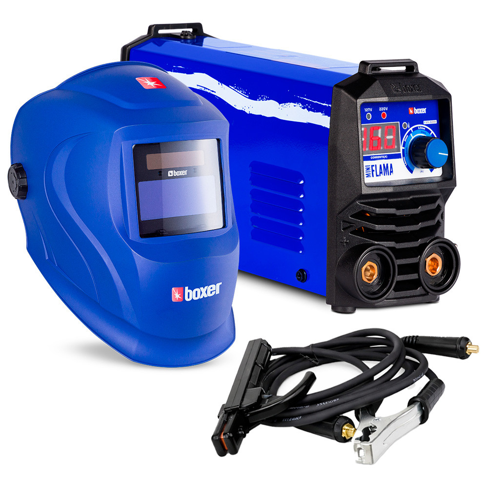Inversora de Solda Boxer Mini Flama 160A TIG (DC) e Eletrodo (MMA) Bivolt (110V/220V) + Máscara Automática Optiarc 70