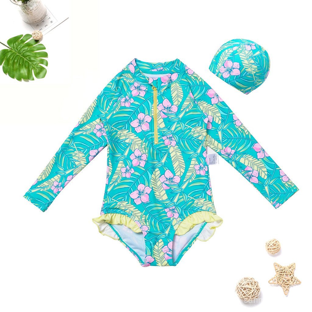 Conjunto de Maiô de Manga Longa para Meninas com Estampa Floral Tropical, Inclui Touca de Natação, Proteção Solar Classe
