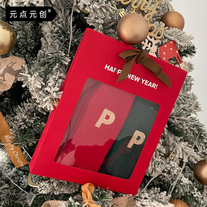 2 pares caixa de presente meias de natal das mulheres dos homens outono inverno meias de pelúcia letra P meias de tubo a