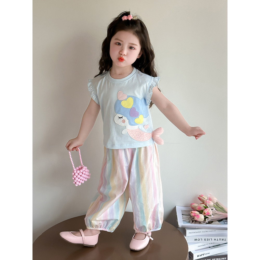 Terno sereia de algodão ~ meninas crianças calças Anti-Mosquito terno de duas peças meninas Casual camiseta calças verão
