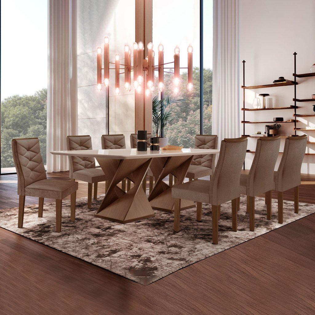 Conjunto Mesa com Vidro e 8 Cadeiras 200cmx90cm Barcelona Yescasa Chocolate/Off White/Suede Animale