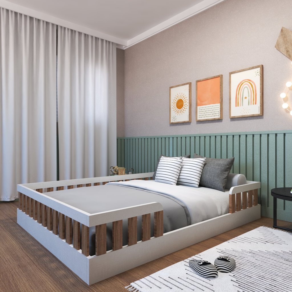 Cama Infantil Montessoriana Casal Sol Marrom/Branco/Carvalho Mel Branco/Carvalho Mel
