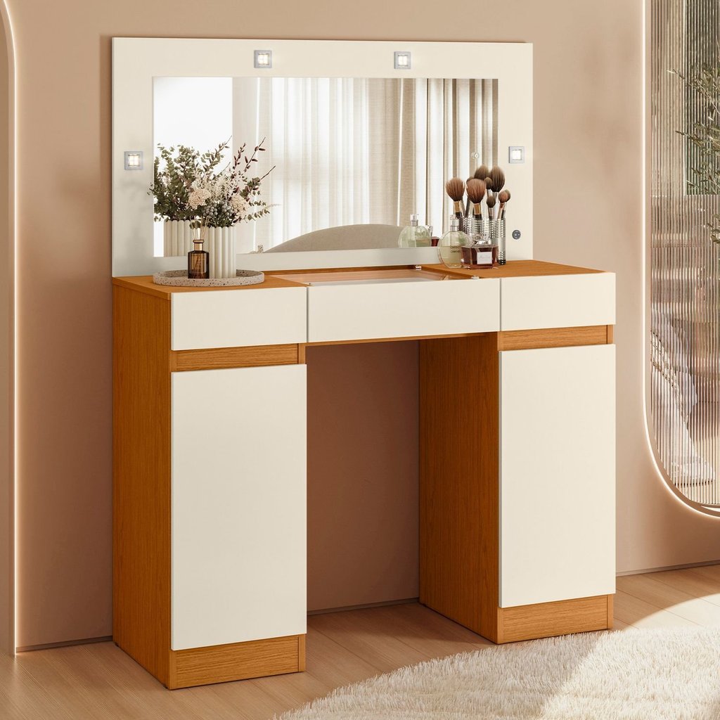 Penteadeira Camarim 2 Portas 3 Gavetas Studio Bege/Cinamomo/Off White Cinamomo/Off White