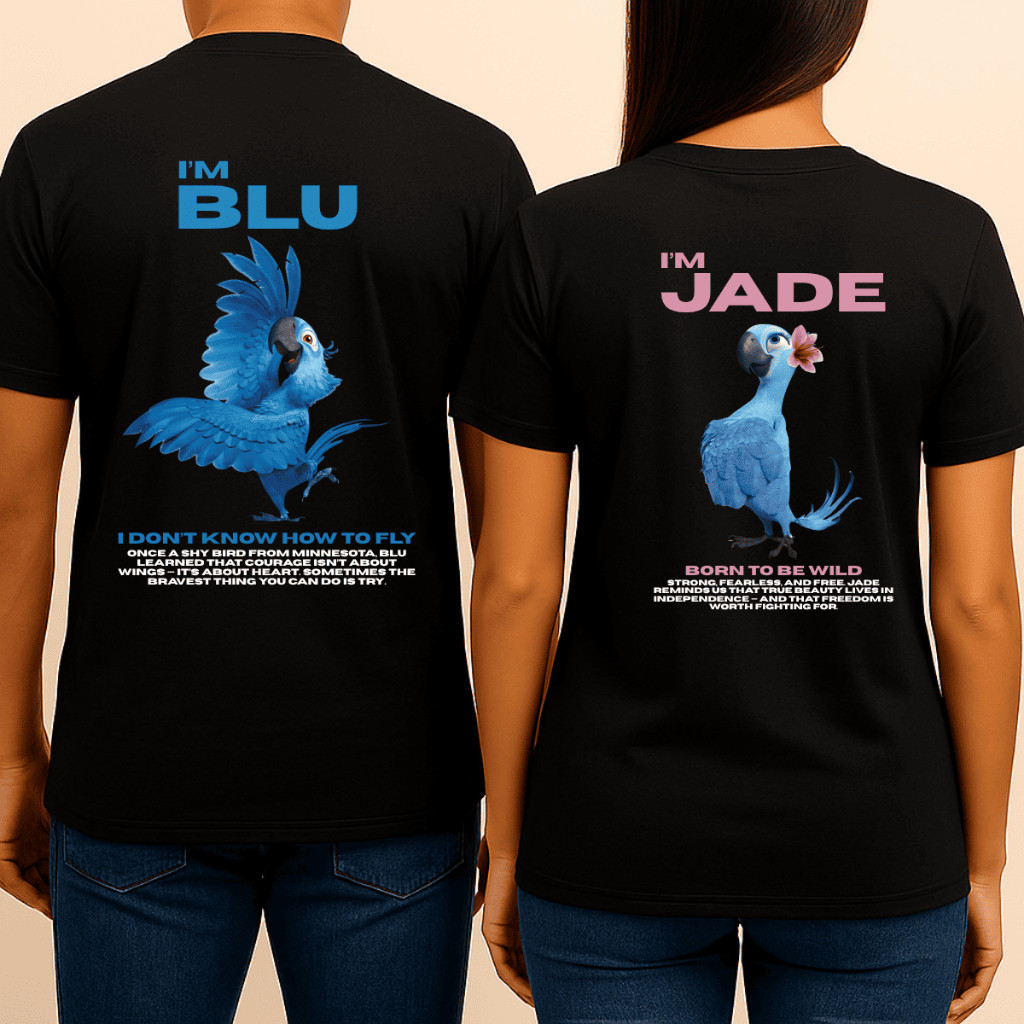 Kit 2 Camisetas Casal Filme Rio Blu e Jade Fofo Meigo 100% Algodão Premium Lançamento Exclusivo