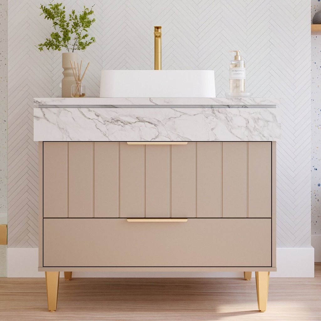 Gabinete para Banheiro 90cm com 1 Porta 1 Gaveta e Cuba de Sobrepor Riviera Marrom/Cappuccino Cappuccino