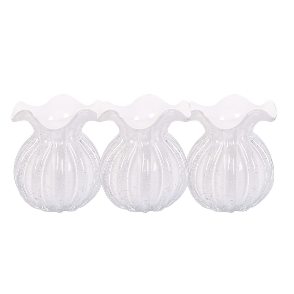 Kit 3 Vaso de Vidro Murano Flor Plantas Arranjos Branco Leitoso Trouxinha 10x11cm Wolff