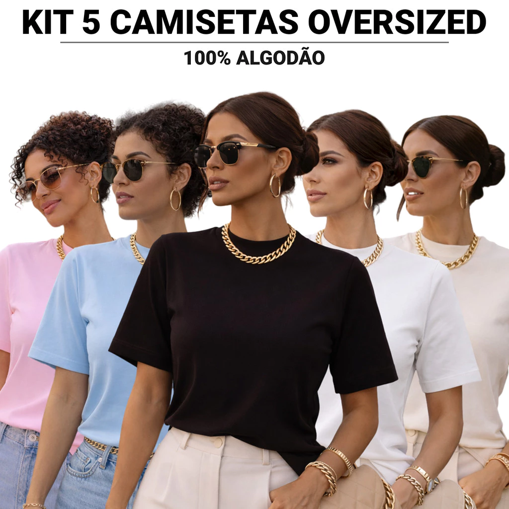KIT 5 Camiseta Oversized Feminina 100% Algodão Lisa Streetwear Blusa Casual Academia — imagem 1