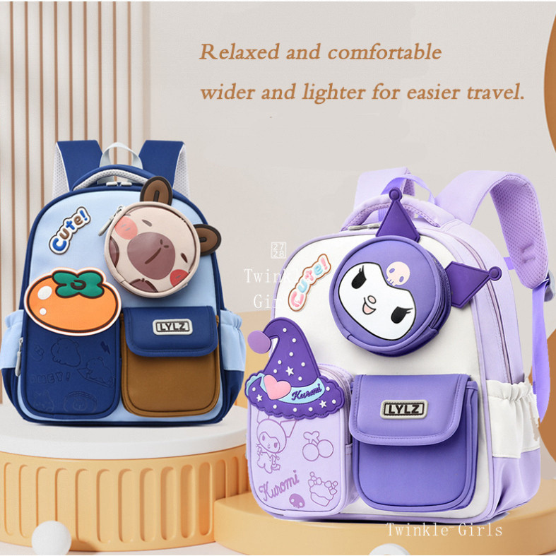 Mochila Escolar Infantil Kuromi Capybara de 13 Polegadas para Meninos e Meninas de 3 a 6 Anos, Bonita e Impermeável para