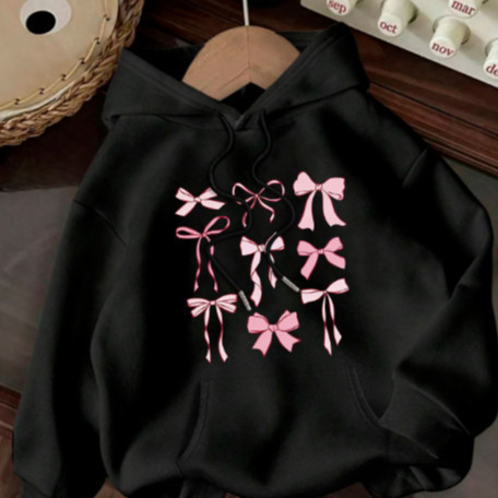 Moletom Confortável Canguru Flanelado Com Bolsos Estampa Laços Delicados Feminino Algodão Quentinho