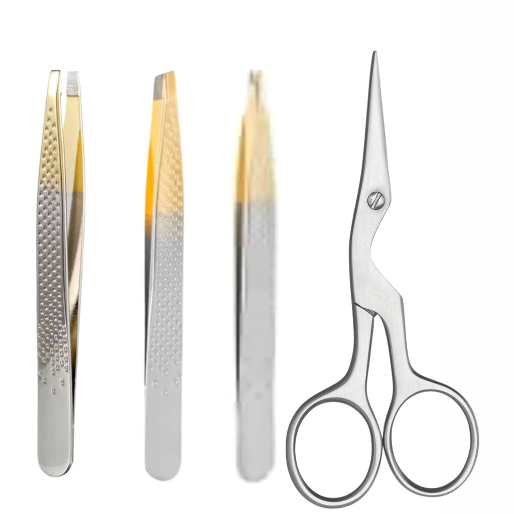 Kit Pinças Enox Silver Gold-Reta,Chanfrada e Fina + Tesoura Pássaro Enox de Sobrancelha Ponta Reta