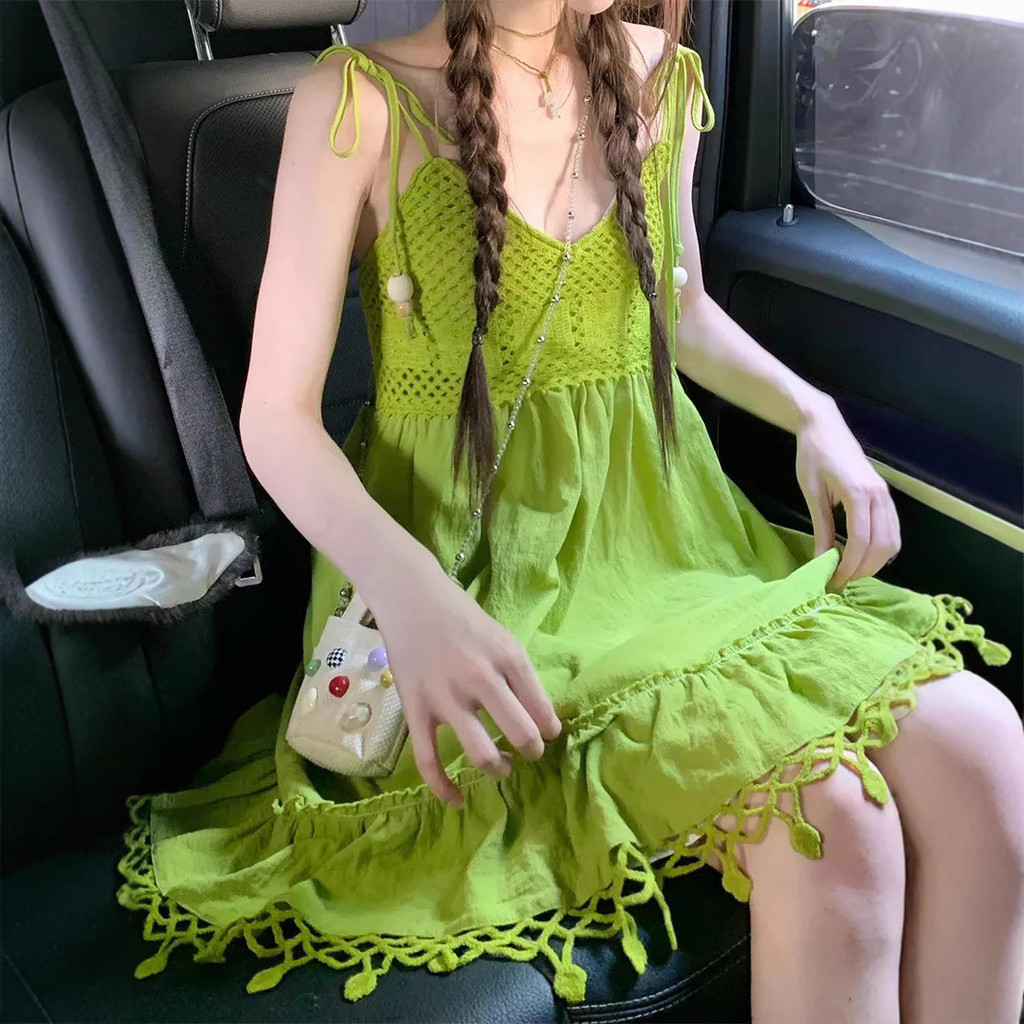 [Estoque pronto] Estilo boêmio abacate verde borla sem mangas vestido estilingue feminino verão boneca vestido dopamina 