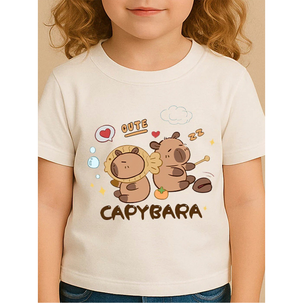 Camiseta Infantil Estampada Capivara Kwaii Divertida Menino Menina 100% Algodão Confortável Dia a Dia Estilosa Escolar