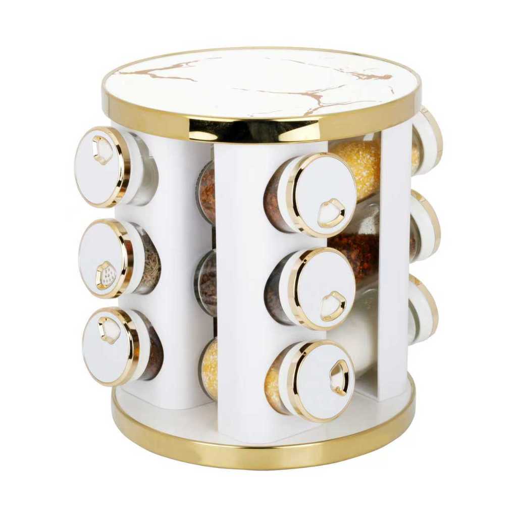 Porta Tempero de Vidro Giratório Branco e Dourado 100ml 13pçs – Ruvolo
