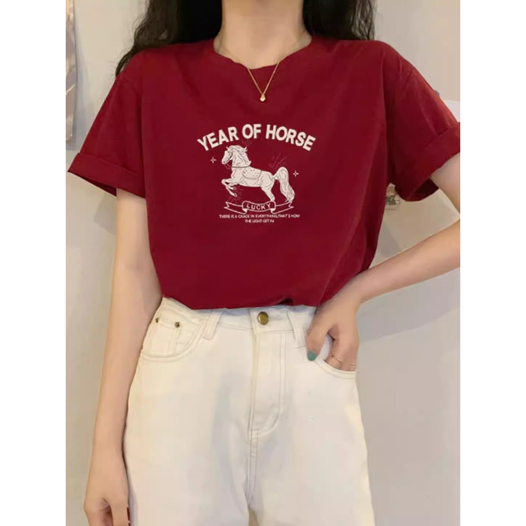 Véspera de ano novo vermelho camiseta de manga curta feminina algodão puro 2026 novo estilo primavera verão solto em tor
