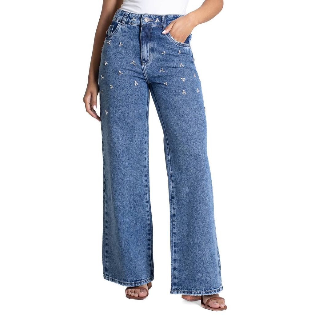 Calça Jeans Sawary Wide Leg Strass - 283415