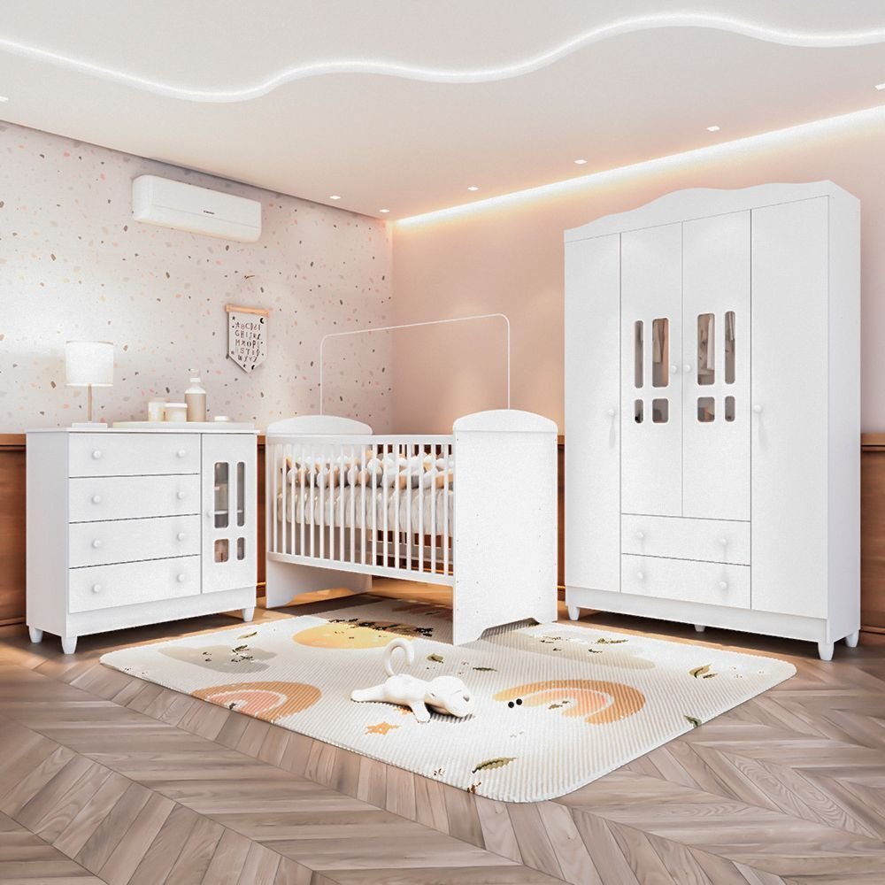 Quarto Bebê Completo Berço 3Em1 Eloá Guarda Roupa 4 Portas Cômoda 4 Gavetas 1 Porta MDF  Branco