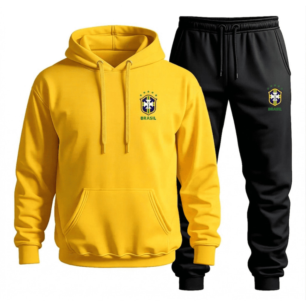 Conjunto Moletom Masculino Adulto Canguru Brasil Flanelado Blusa + Calça Quentinho Inverno