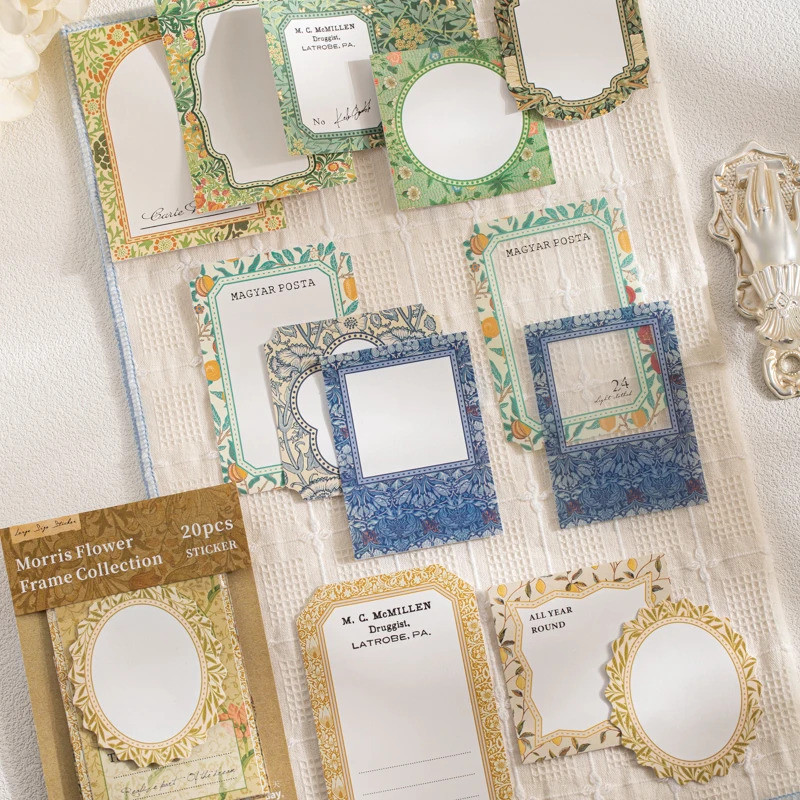 Diário GO 20pcs Morris Flower Frame Adesivos Dual-Material Vintage Floral Fronteira Adesivo Para Cartão Álbum Scrapbooki