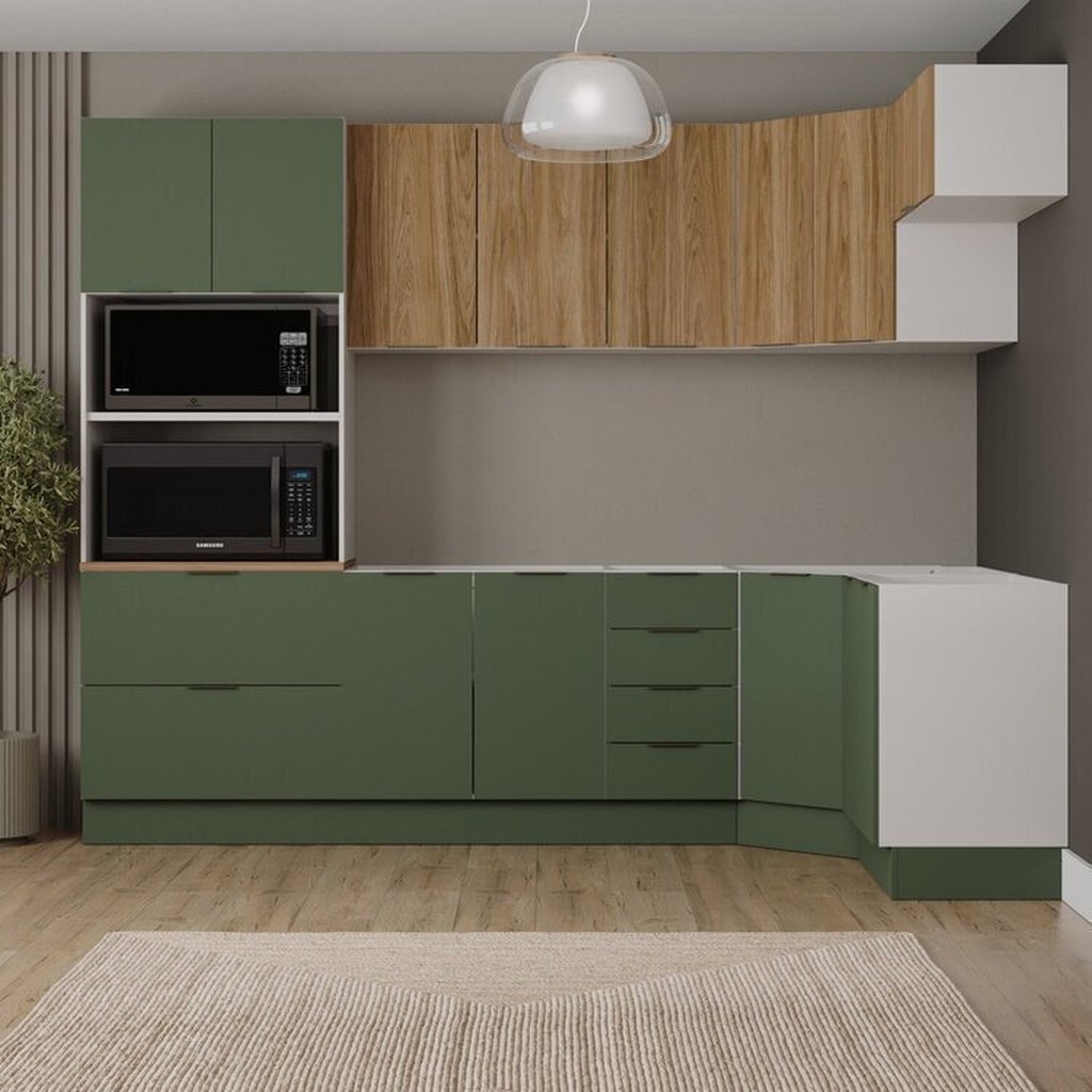 Cozinha Modulada 7 Peças sem Tampo com Rodapé Ipanema CabeCasa MadeiraOriginals Verde/Folha/Acácia Verde