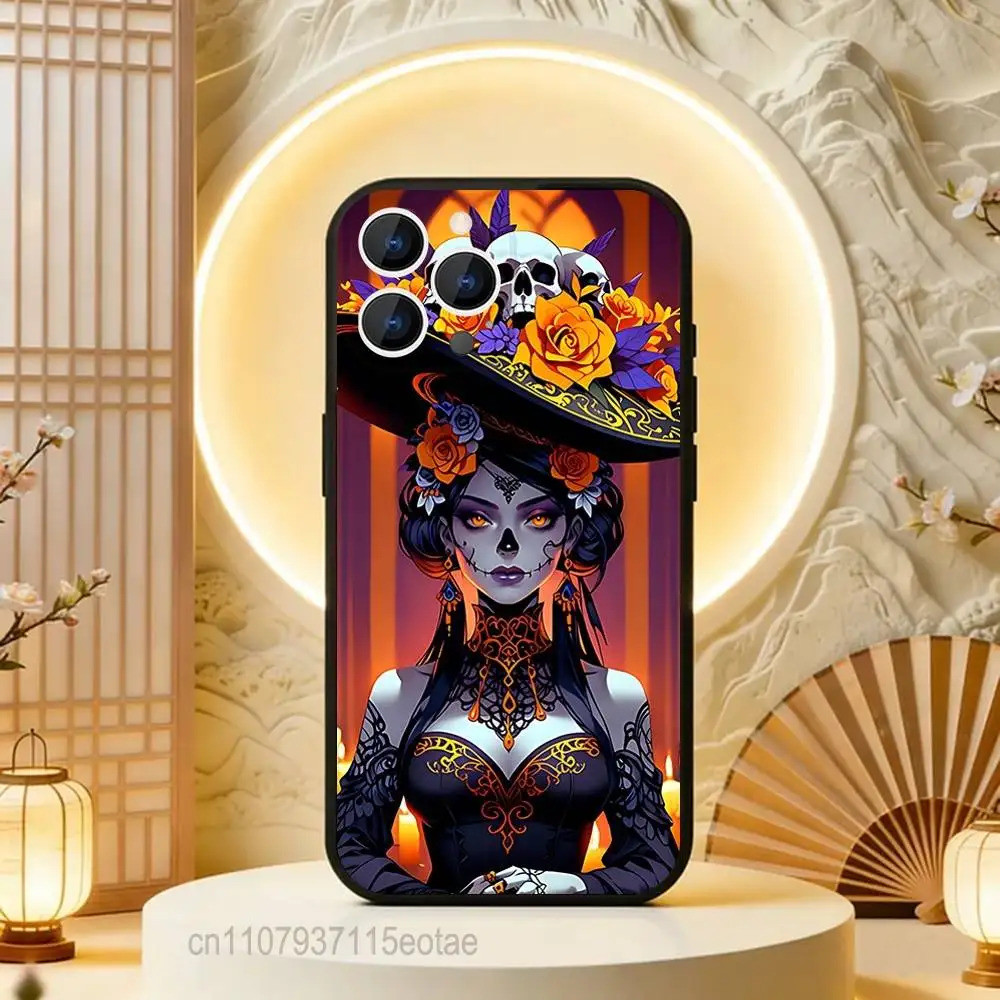 Capa Preta TP-2 com Estampa de Caveira Mexicana do Dia dos Mortos para iPhone 17 13 14 15 11 16 12 Pro Max Pro Max Plus