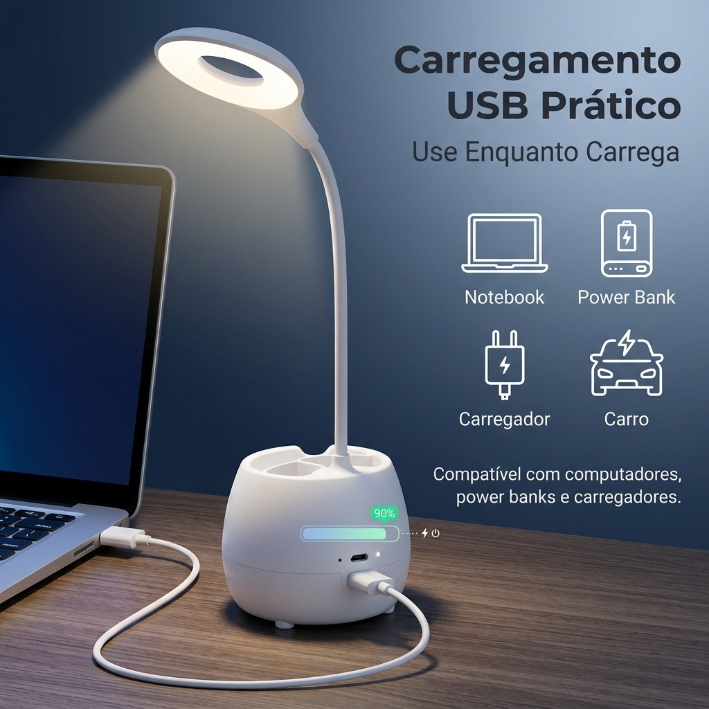 Luminária Abajur de Mesa LED Luz Recarregável Touch Haste Flexível Lâmpada De Estudo Sem Fio