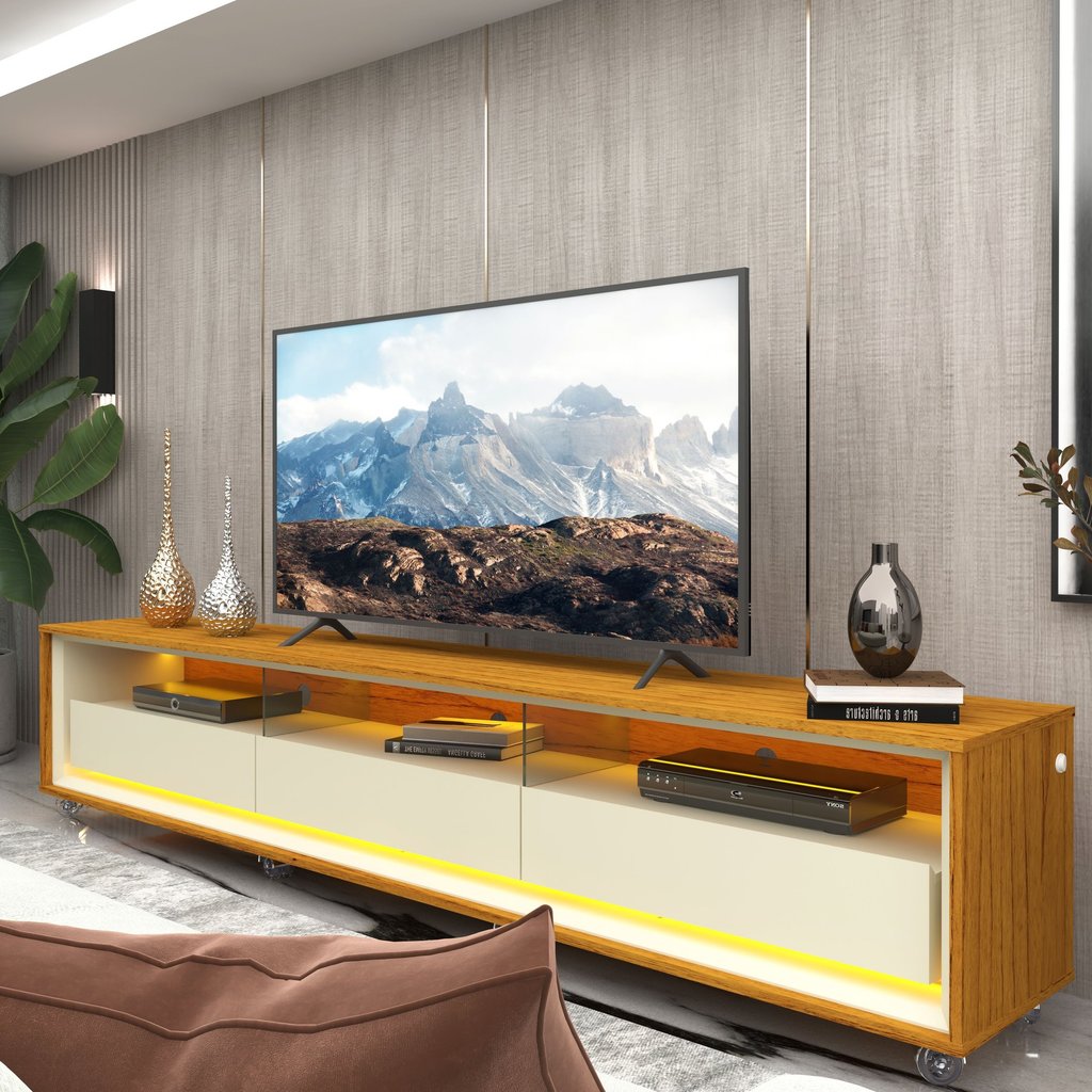 Rack para TV até 85 Polegadas com LED 100% MDF 211,4cm Rodízios Requinte Marrom Naturale/Off Branco