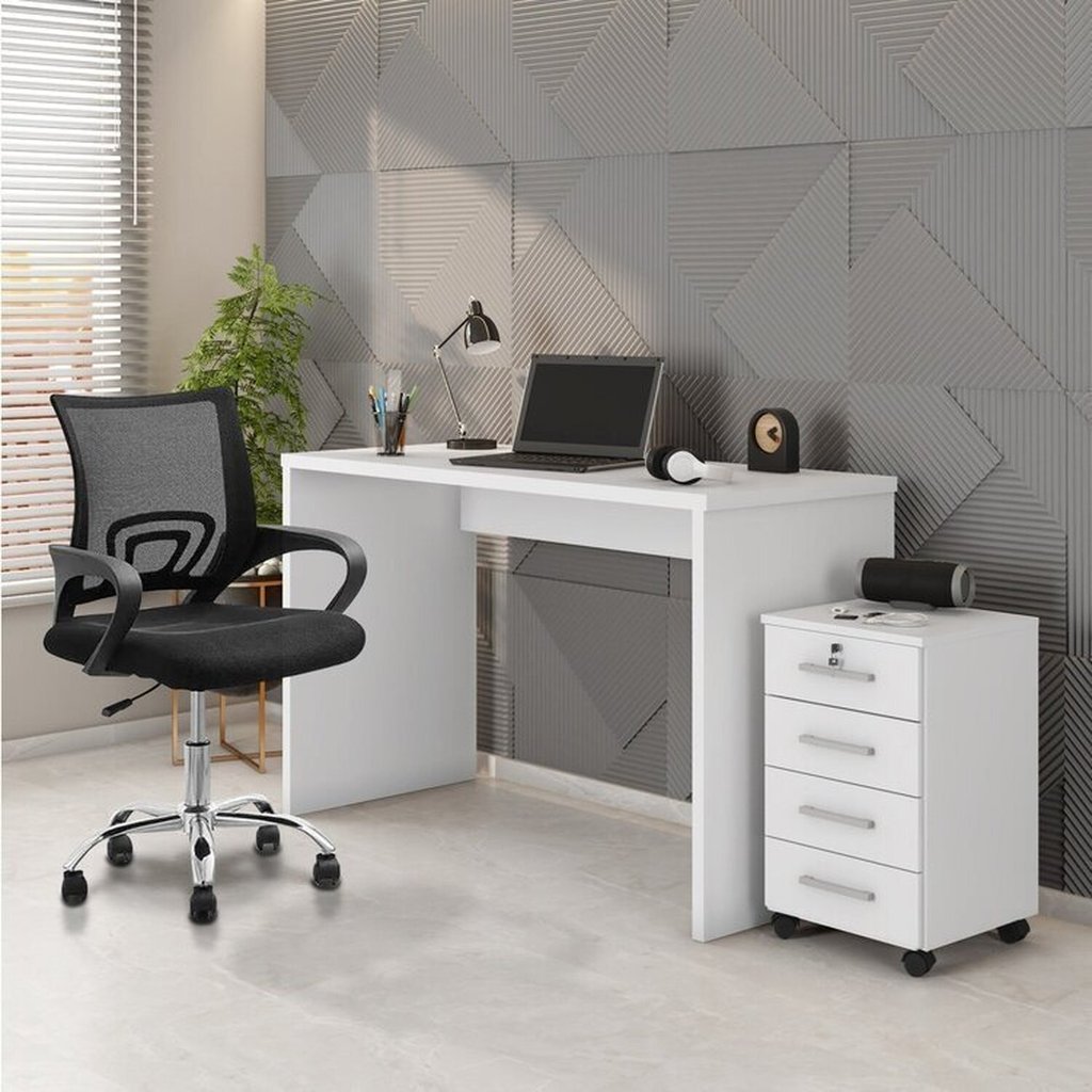 Conjunto 3 Peças com Cadeira para Escritório, Escrivaninha e Gaveteiro Gávea Espresso Móveis Branco Preto Branco