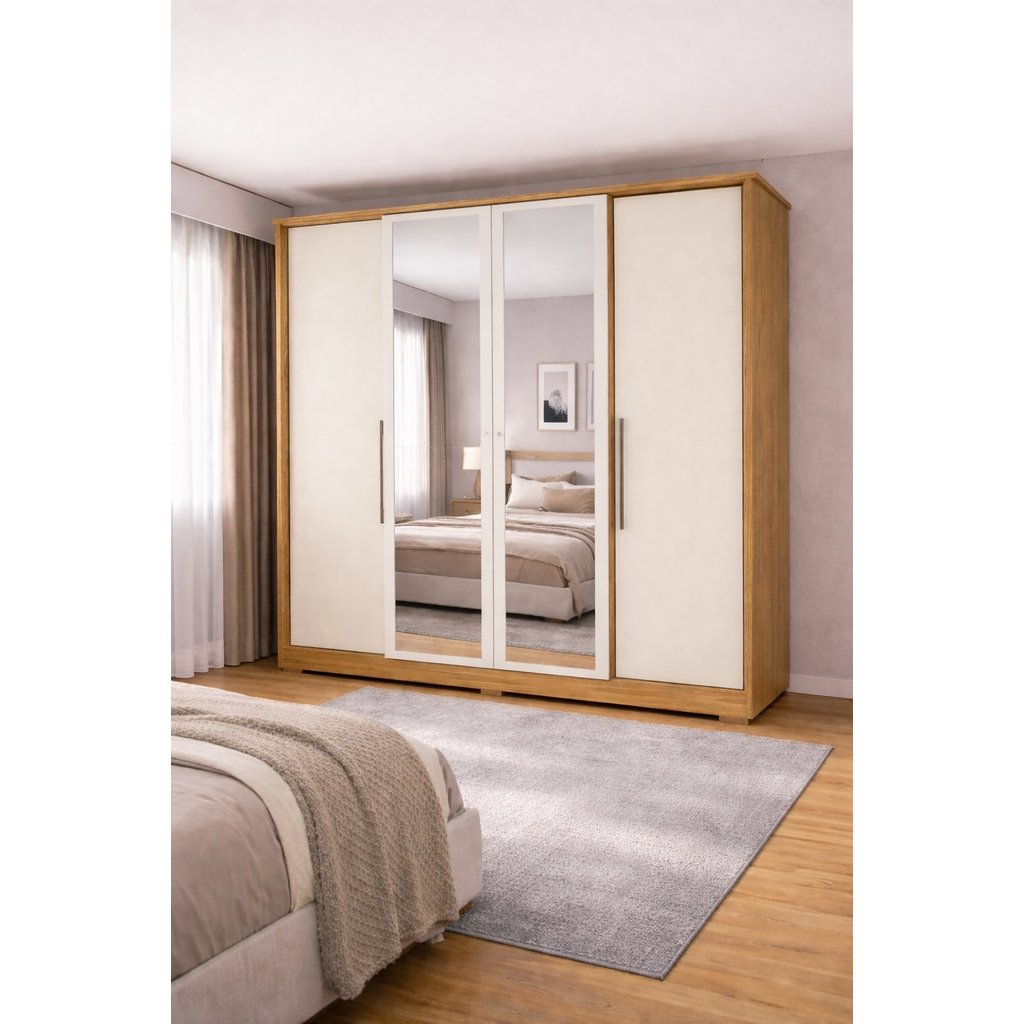 Guarda-roupa Casal 4 Portas 2 Gavetas com Espelho Mônaco Marrocos/Off White