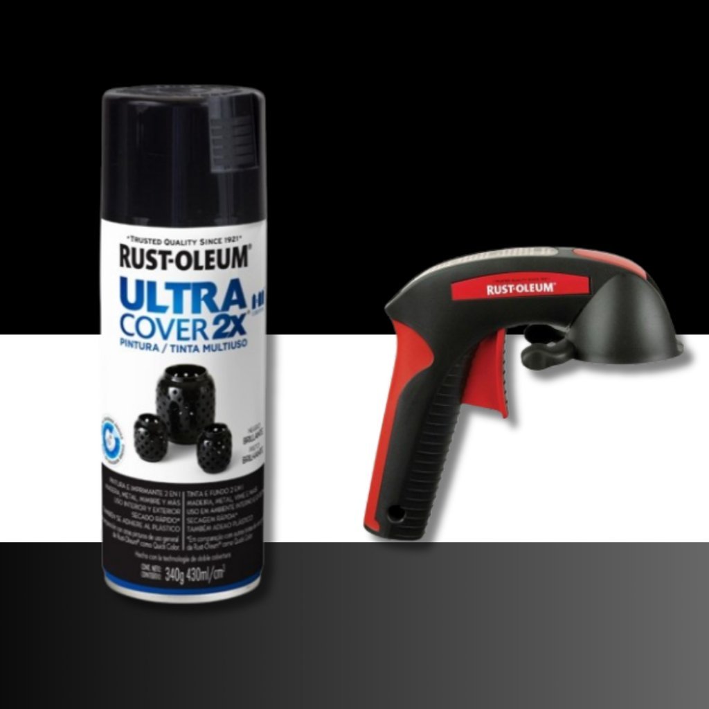 Kit Spray Ultra Cover 2x Preto Brilhante e Gatilho Aplicador Rust Oleum