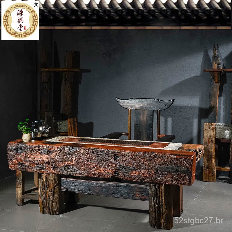 Mesa de Chá de Madeira Antiga, Mesa de Chá Kung Fu de Madeira Maciça para Varanda e Jardim, Conjunto de Mesa e Cadeiras