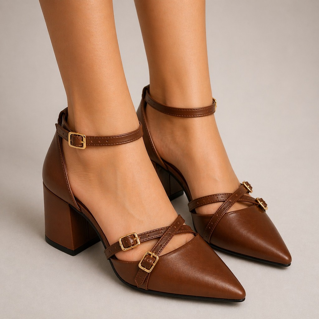 Scarpin Sapato Feminino Slingback Salto Grosso Bico Fino Tiras de Fivela Ajustável Fechamento Atrás Confortável