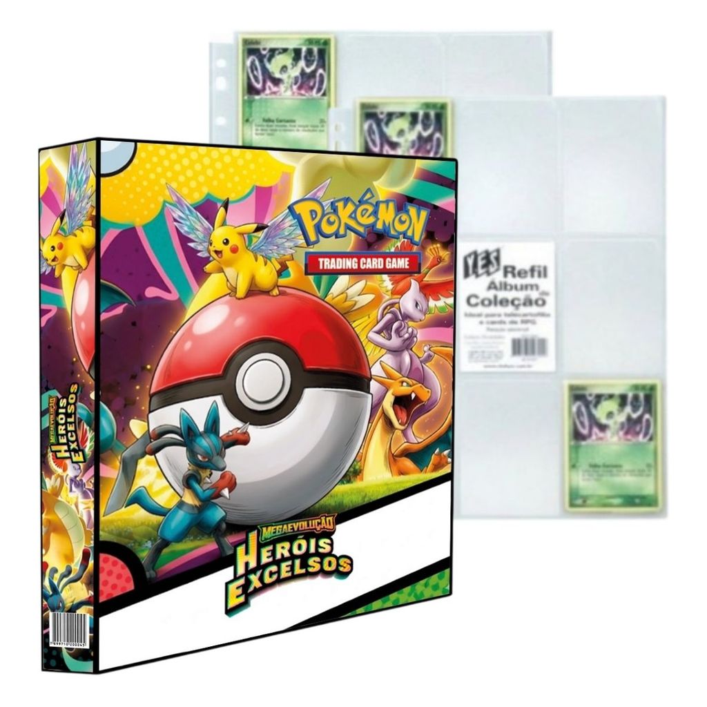 Álbum Pasta Fichário Pokemon Mega Evolução Heróis Excelsos com 20 Folhas Plásticas TCG Capa Dura
