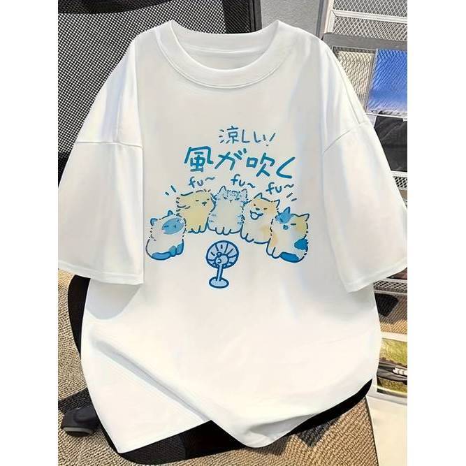 「BR.Moonlight」Camiseta Feminina Gato Estilo Coreano Fofa Divertida Confortável Casual Verão
