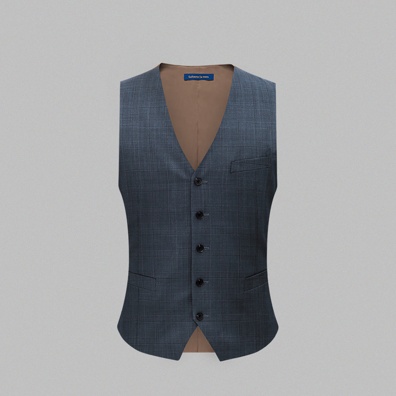 [Aojia] Colete masculino xadrez de lã pura, colete Casual de negócios, corte justo, cinza, azul