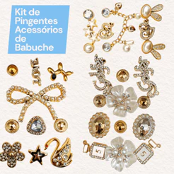 Kit Bottons Charm Pingente para Babuche Strass Luxo Correntes e+ Pins em ABS e Metalizados