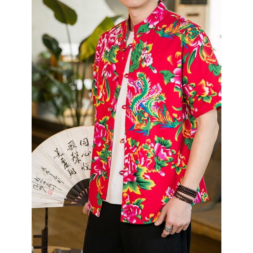 Estilo chinês peônia flor nordeste grande flor placa botão Tang terno masculino Casual Retro camisa de manga curta verão