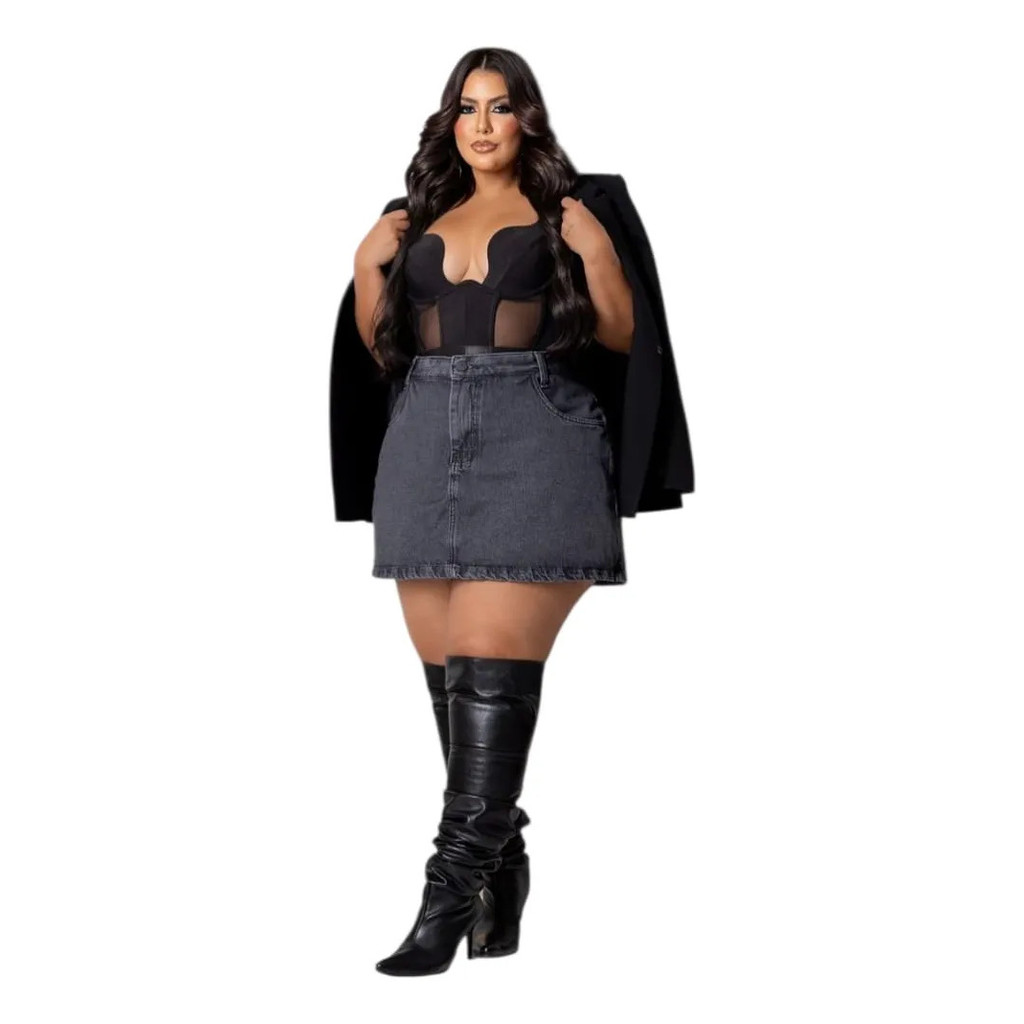 Short Saia Grafite Plus Size Sem Elastano Saia 360°
